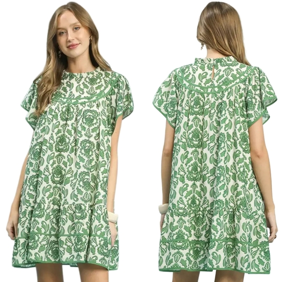 Umgee Tiered Babydoll Contrast Abstract Mini Dress Ruffle Mock Neck Short Dress - Picture 15 of 16